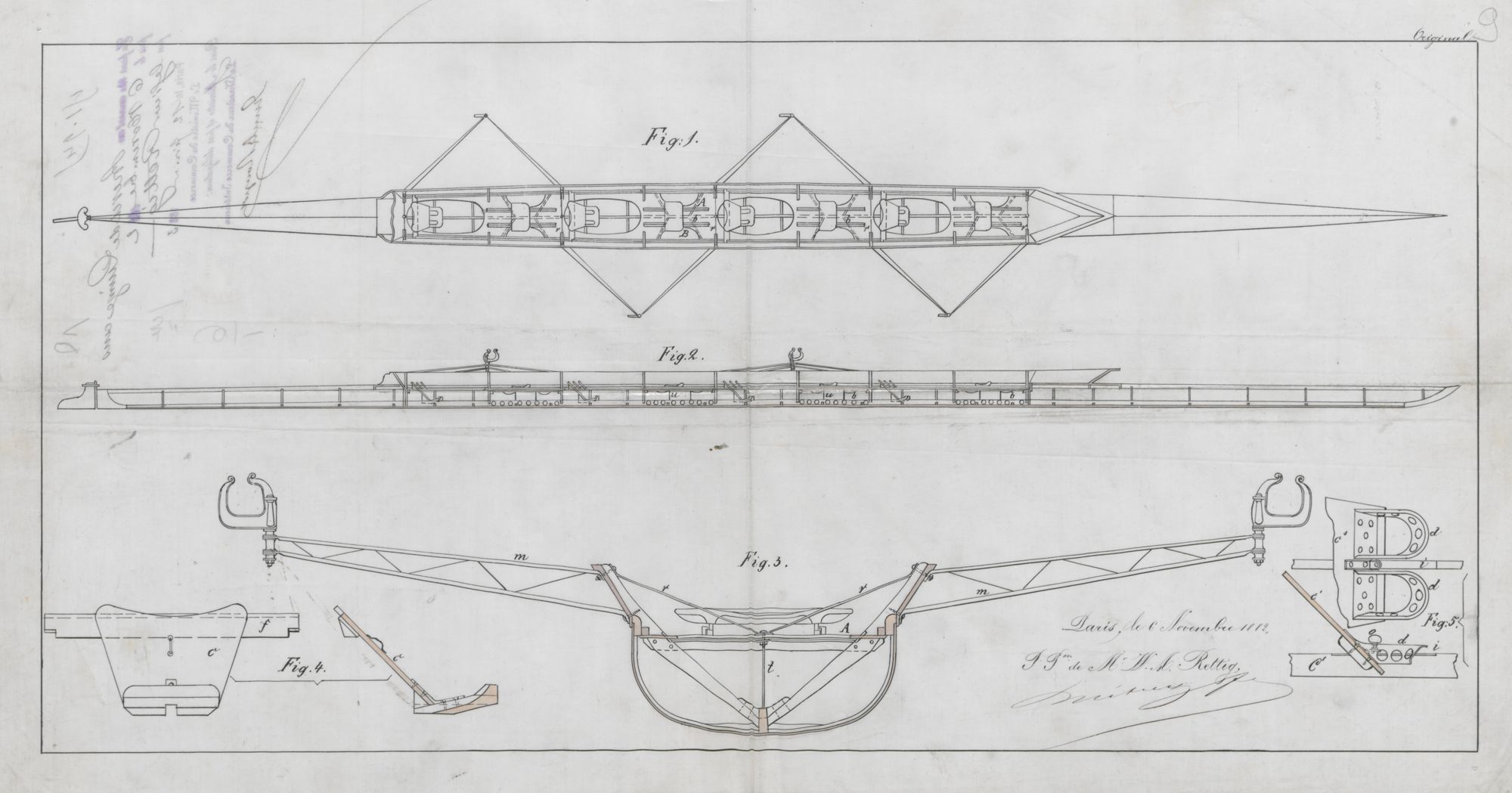 Brevet n°151945 déposé par RETTING le 06.11.1882 pour des "perfectionnements apportés dans les bateaux, canots et autres embarcations à rames, à l'usage du sport" (1BB151945, archives INPI).