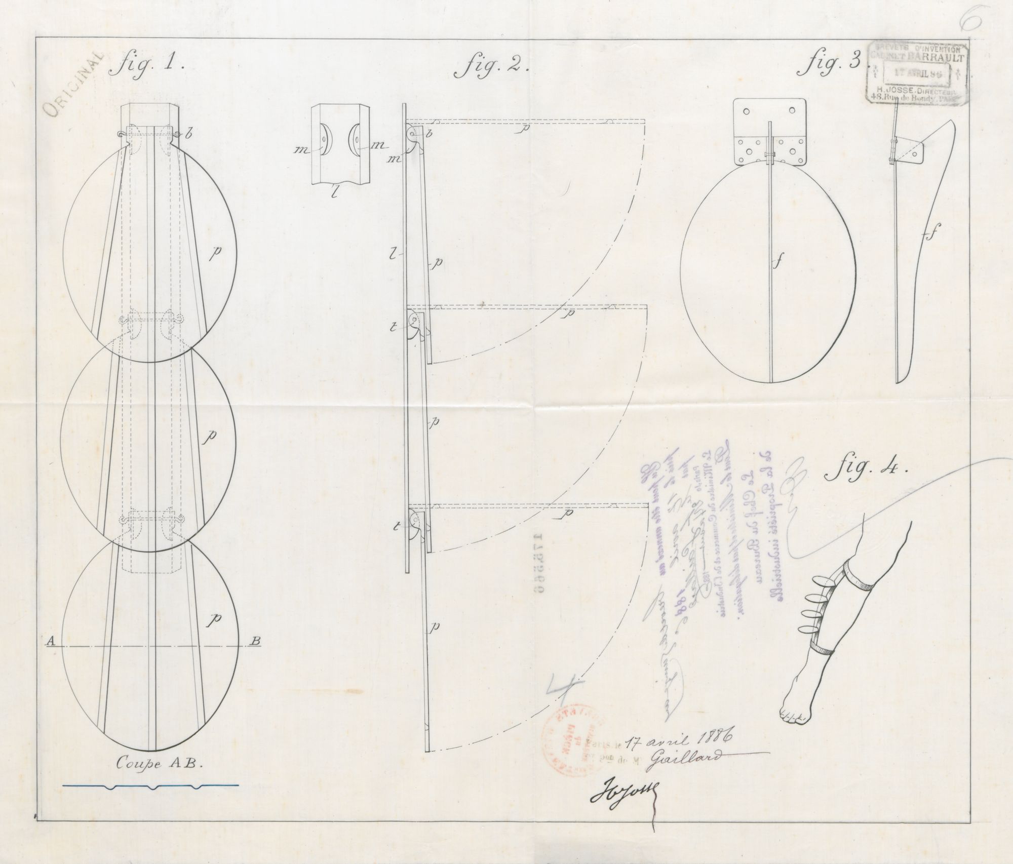 Brevet n°175566 déposé par Francisque GAILLARD le 17.04.1886 pour un "appareil de natation dit vélonateur permettant d'augmenter la force de propulsion du nageur" (1BB175566, archives INPI).