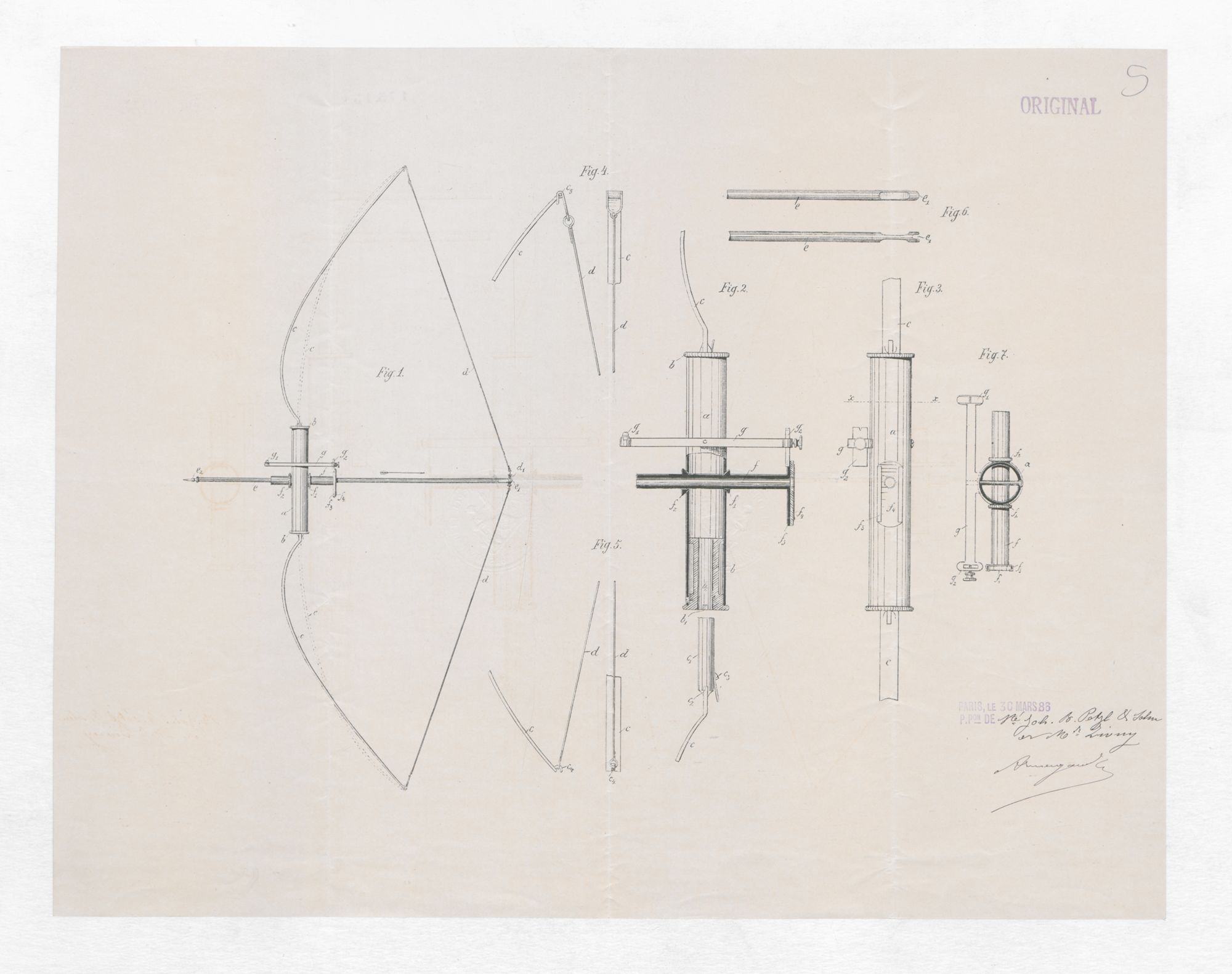 Brevet n°175151 déposé par PETZL & söhn et ZIVNY Arnold le 30.03.1886 pour un "arc pour le tir à flèche" (1BB175151, archives INPI).