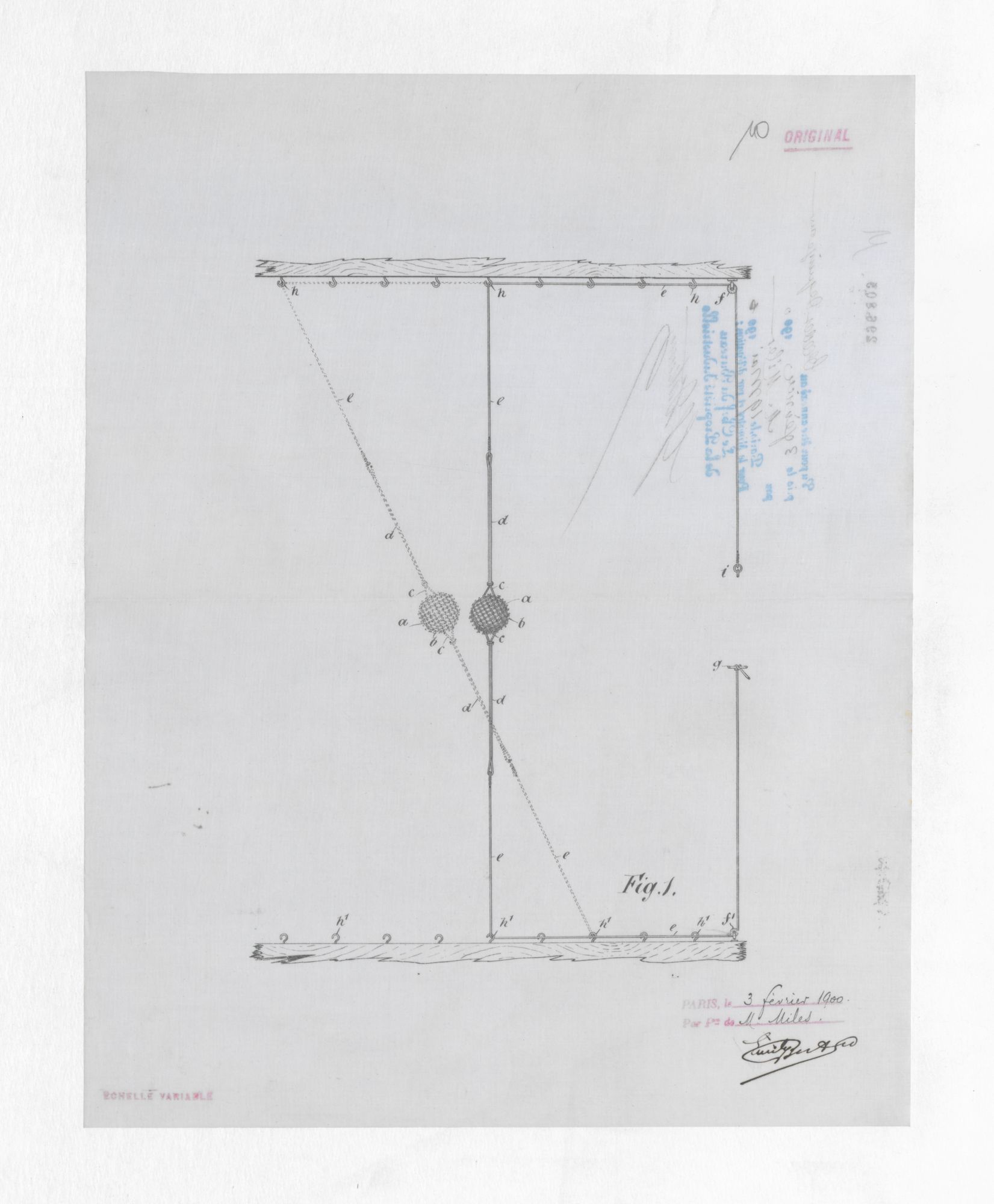 Brevet n°296805 déposé par MILES le 03.02.1900 pour des "perfectionnements dans les appareils pour s'exercer au foot-ball, au tennis, au cricket et à d'autres jeux analogues" (1BB296805, archives INPI).