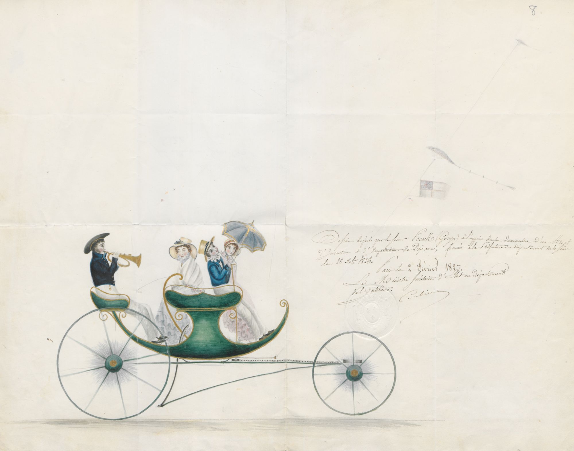 Brevet 1BA2641 déposé George Pocok par le 28.12.1826 pour une "application des cerfs-volants à la navigation, à traîner des voitures, à l'élévation en l'air des poids, [...] enfin au sauvetage des naufragés" (1BA2641, archives INPI).